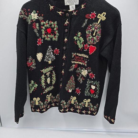 Casual Corner Ugly Christmas Embroidered Beaded Button Up Cardigan Sweater PS‎ - Picture 2 of 16